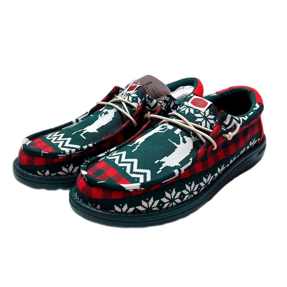 NEW Hey Dude Wally Holiday‎ Cheers Moccasin Shoes Men US 8 Green Plaid Reindeer